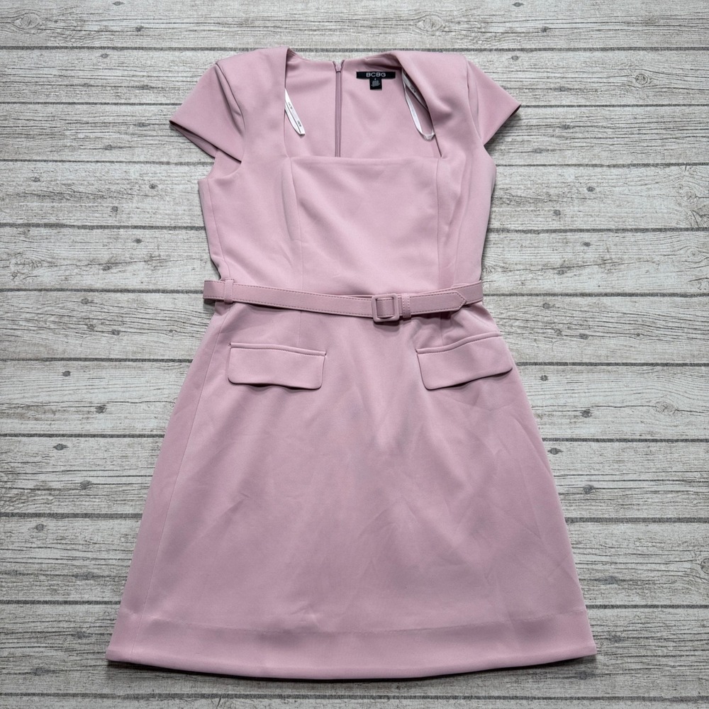 BCBG Mini Dress Women's 6 Pink Belted Square Neck Cap Sleeve Sheath Fit & Flare